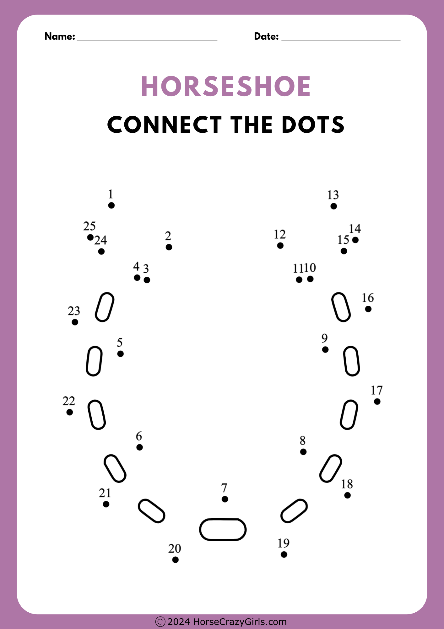 A connect the dots worksheet featuring a horseshoe.