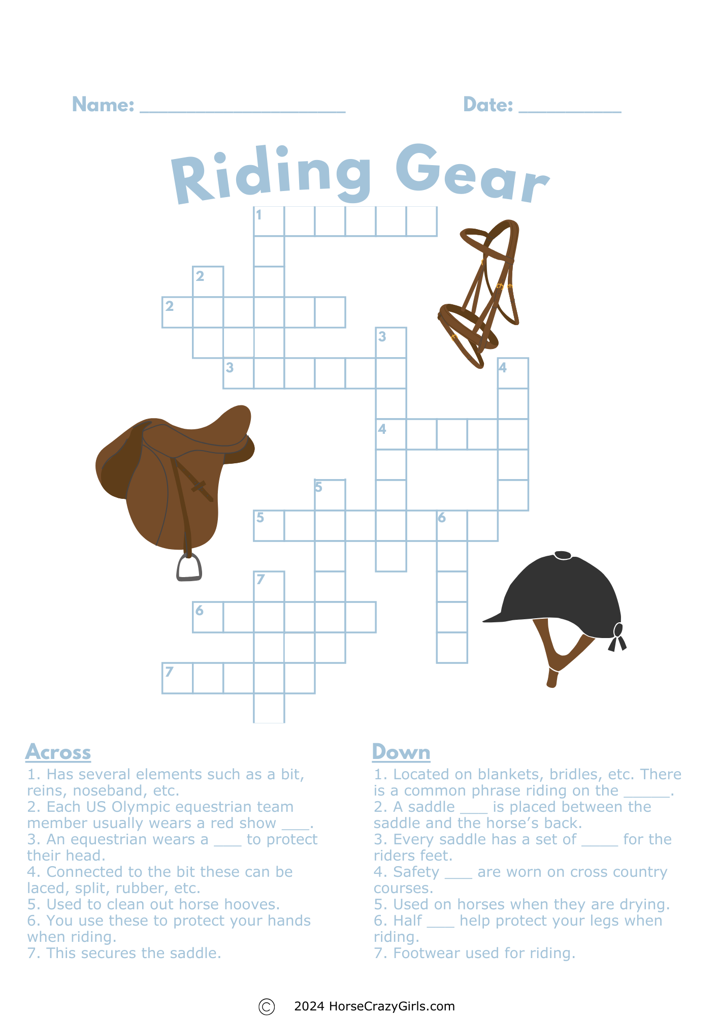 A worksheet featuring a horse themed crossword puzzle.