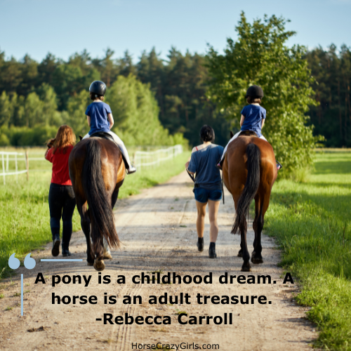 A picture of two kids riding horses and being led by people on the ground with the quote "A pony is a childhood dream. A horse is an adult treasure." ~Rebecca Carroll