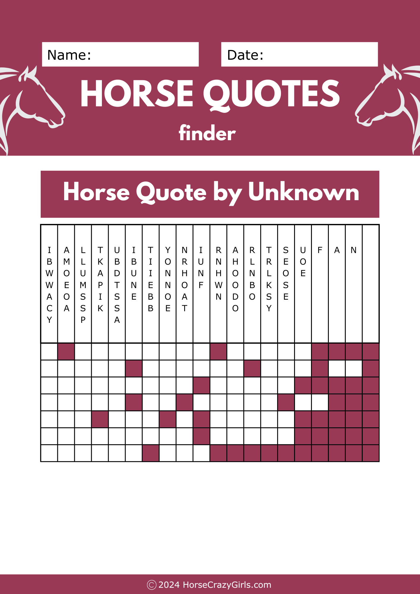 A worksheet featuring a horse quote finder.