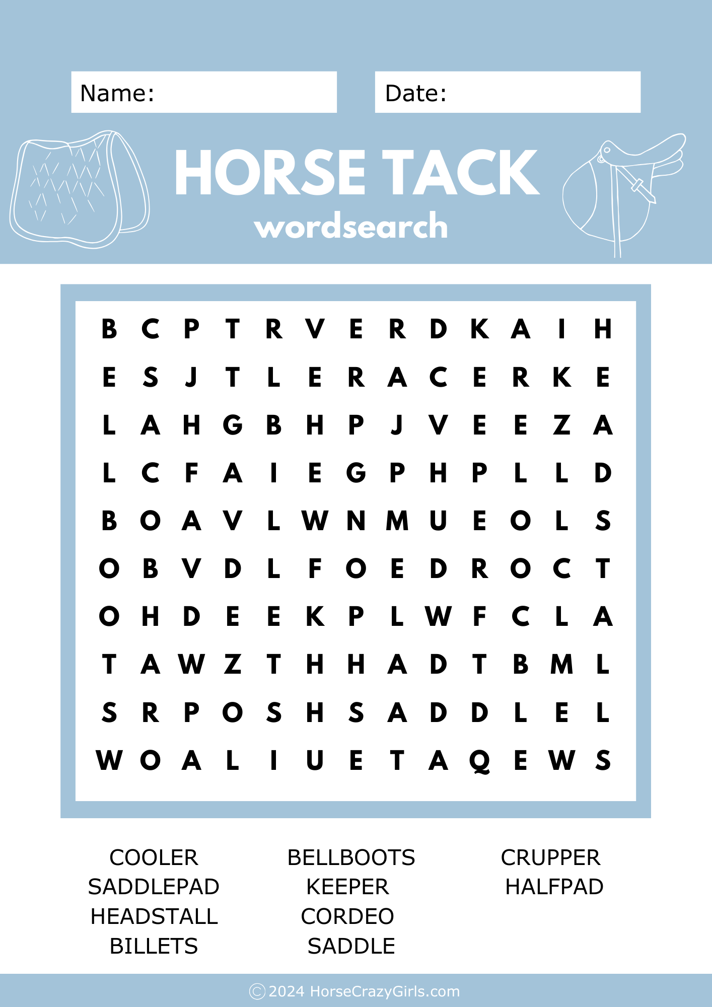 A horse tack themed wordsearch.