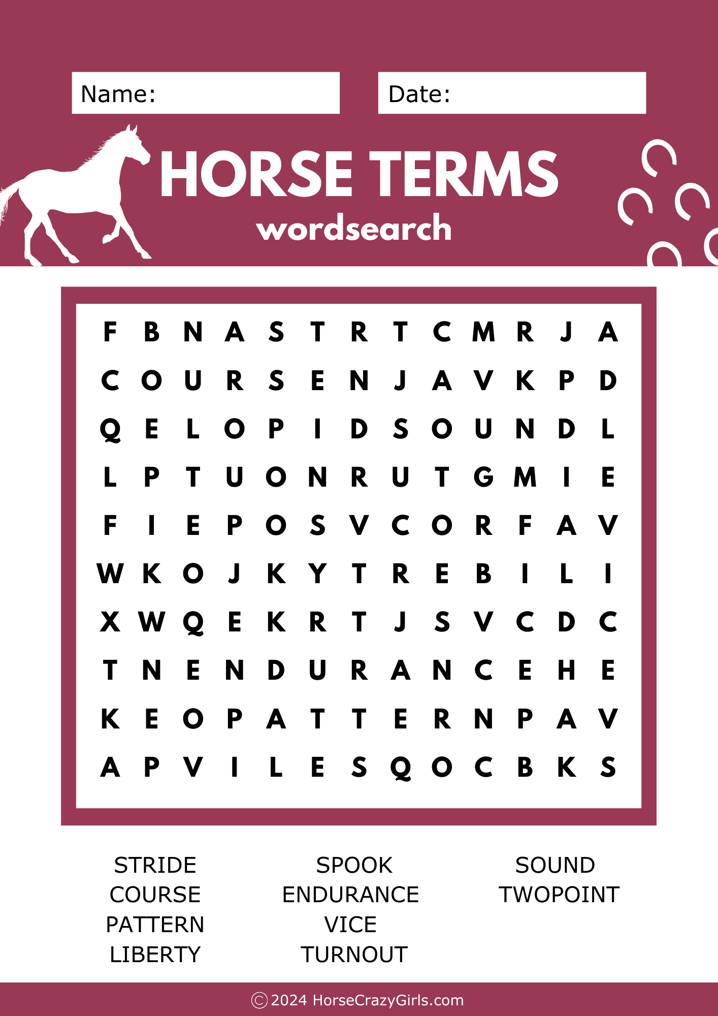 A horse terms wordsearch worksheet.