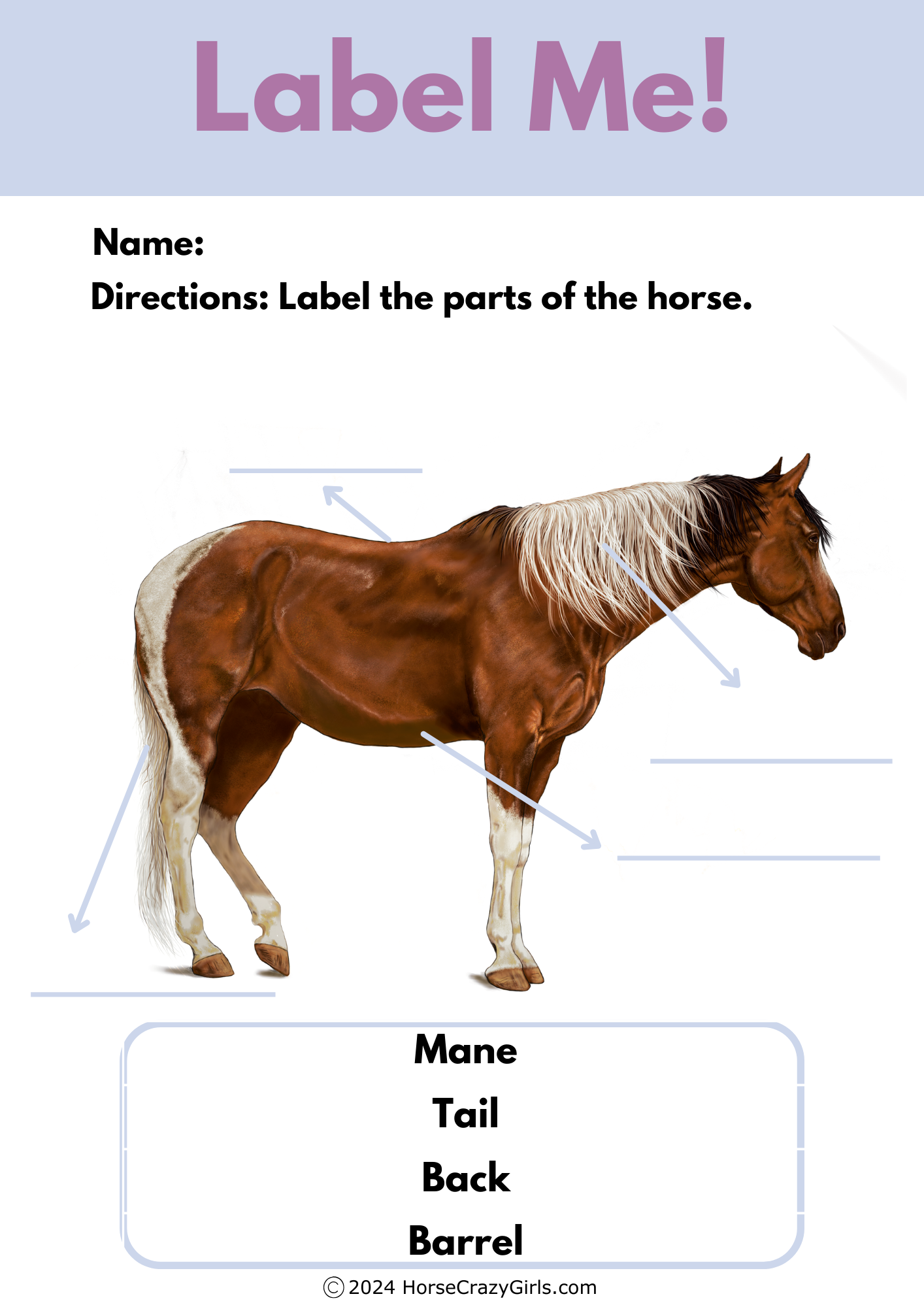 A label me worksheet featuring different parts of the horse.