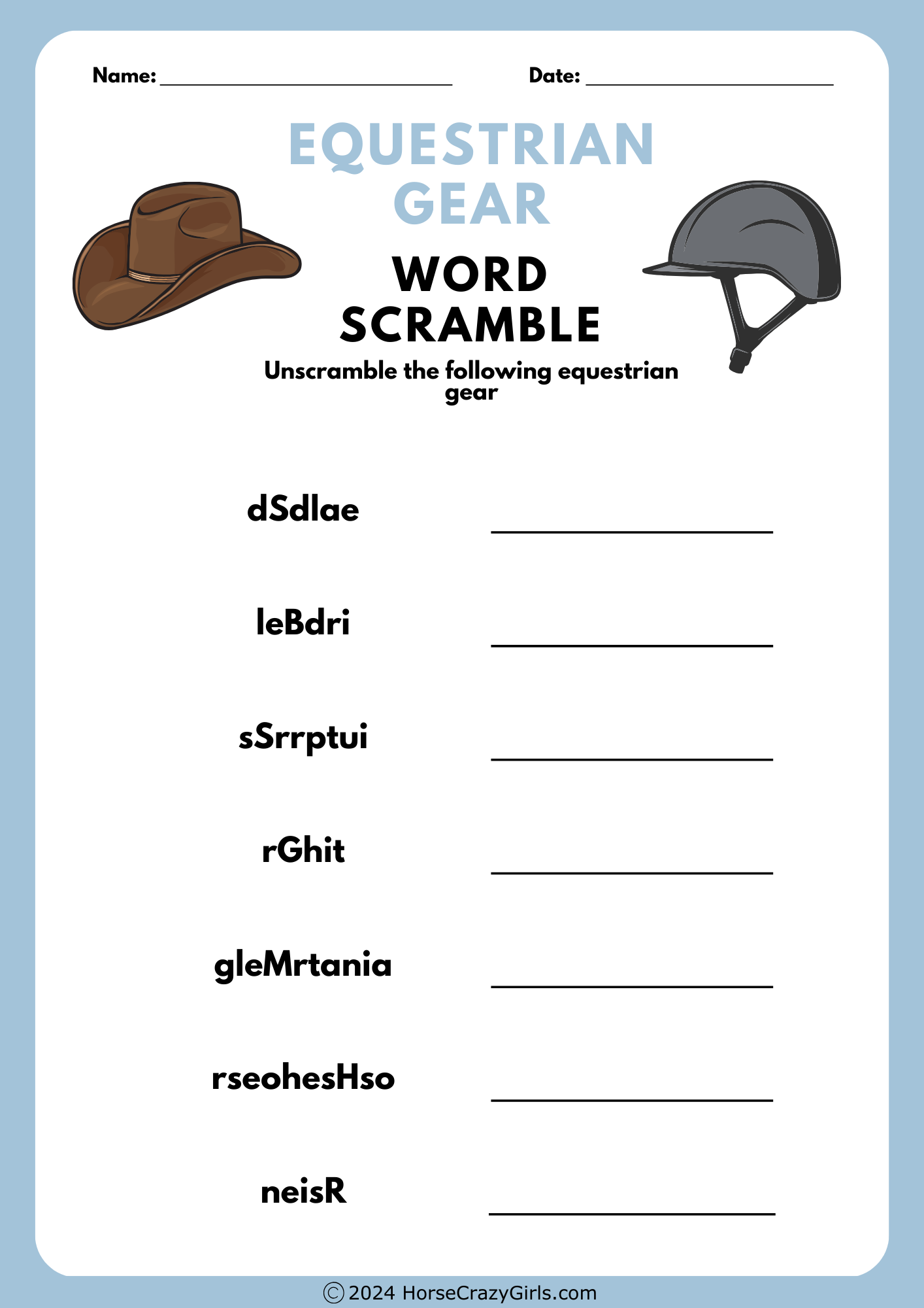 A horse themed word scramble with 7 different words.