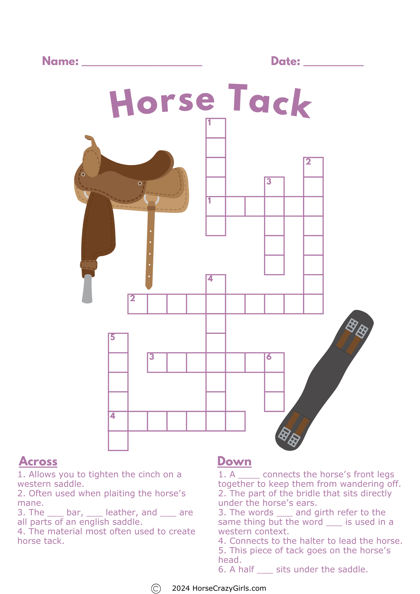 A worksheet with a horse themed crossword puzzle.