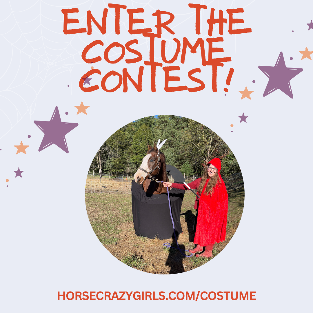 A photo of a girl in a red cape and a horse in a costume with the words enter the costume contest and horsecrazygirls.com/contest