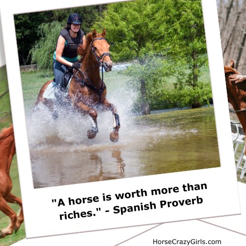 Three pictures with the most prominent being a girl galloping her horse through water with the quote "A horse is worth more than riches. ~Spanish Proverb