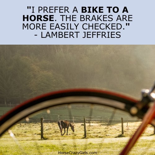 A picture of a bay horse in a field with a bike in front with the quote "I prefer a bike to a horse.  The brakes are more easily checked."  ~Lambert Jeffries