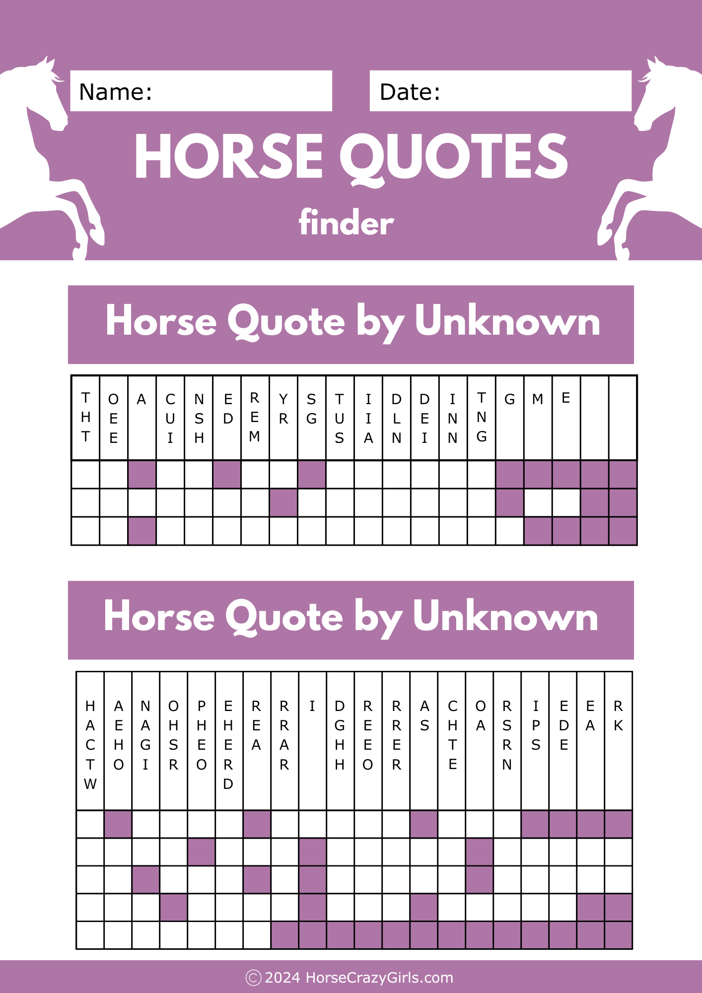 A worksheet with two horse quote finders on them.