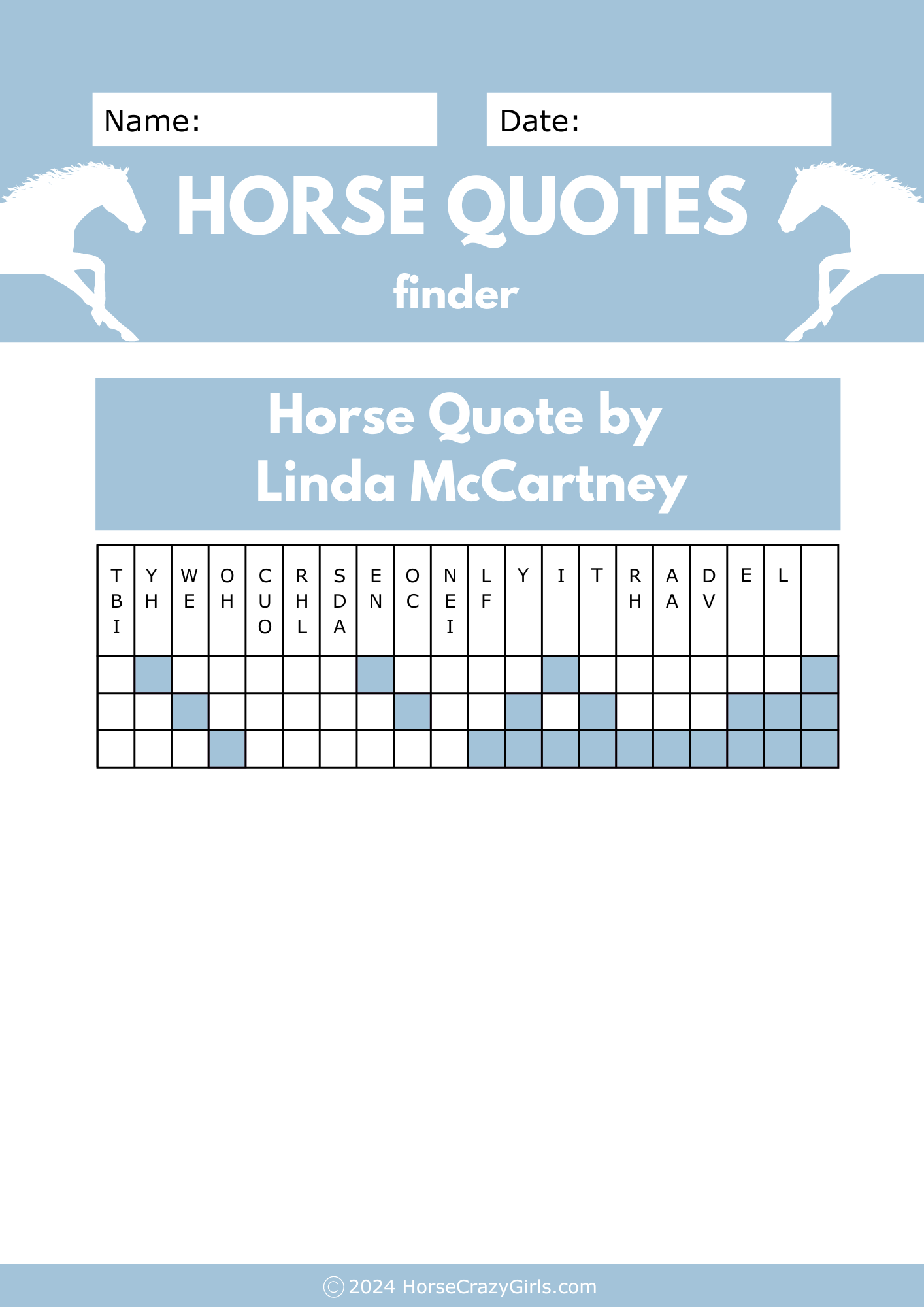 A worksheet featuring a horse quote finder.