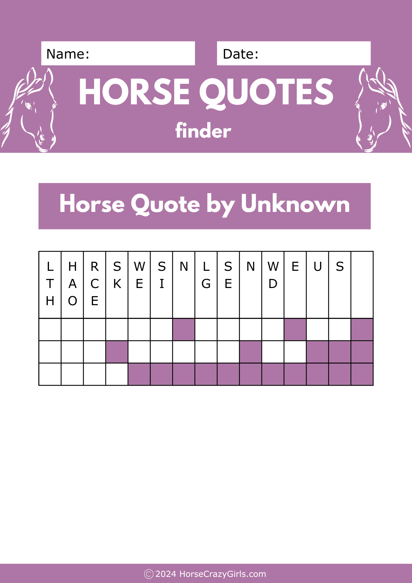 A horse quote finder worksheet