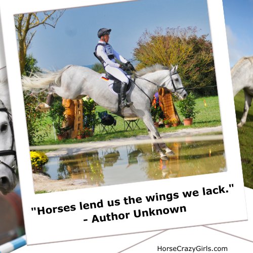 Three stacked pictures with the clearest being a girl riding a horse over a jump with the quote "Horses lend us the wings we lack." - Author Unknown