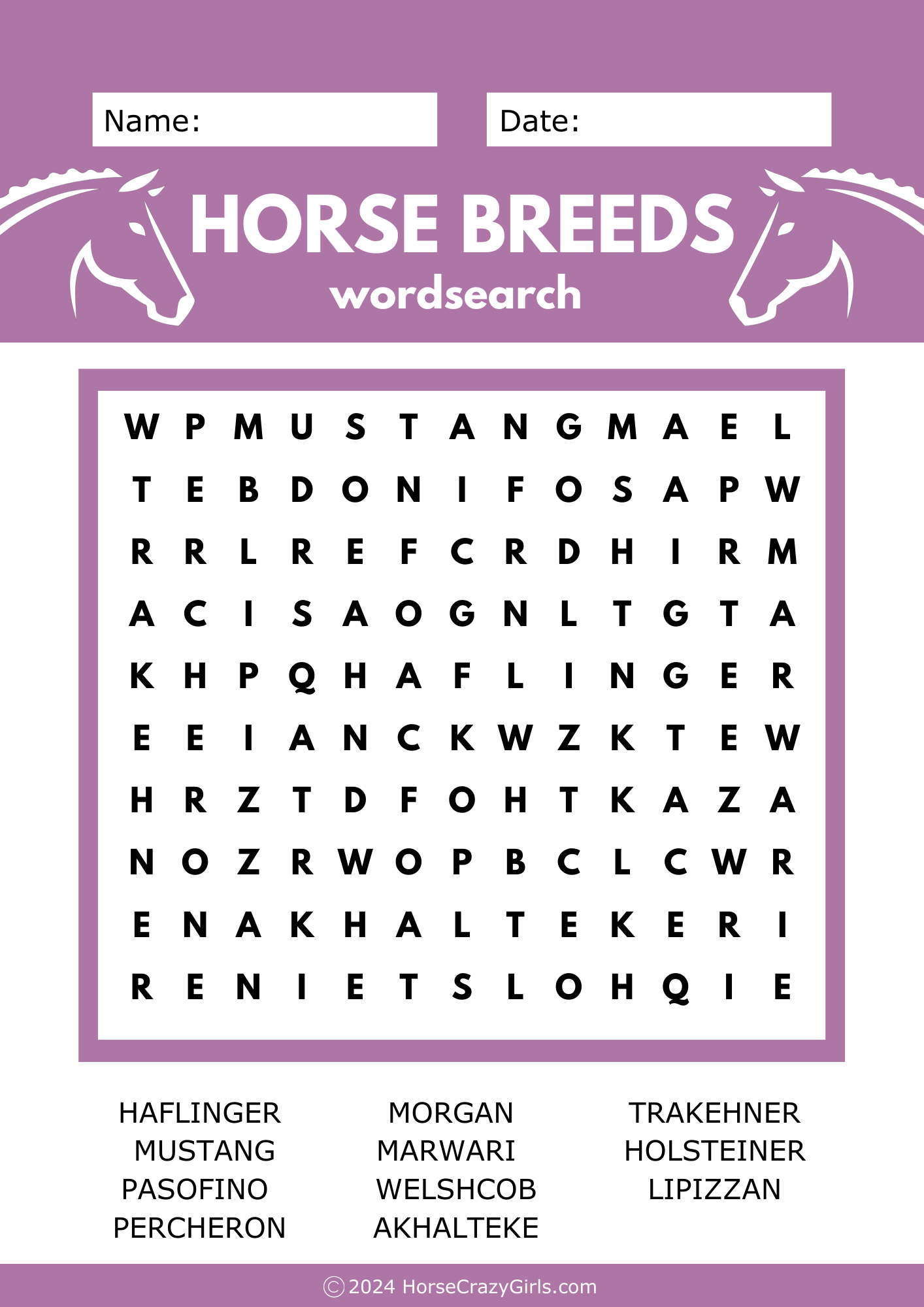 A wordsearch featuring 11 different horse breeds.