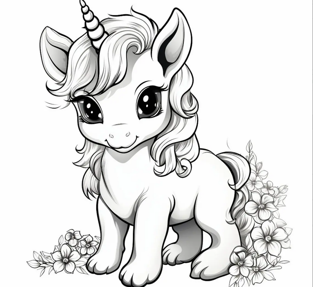 A coloring page featuring a unicorn.