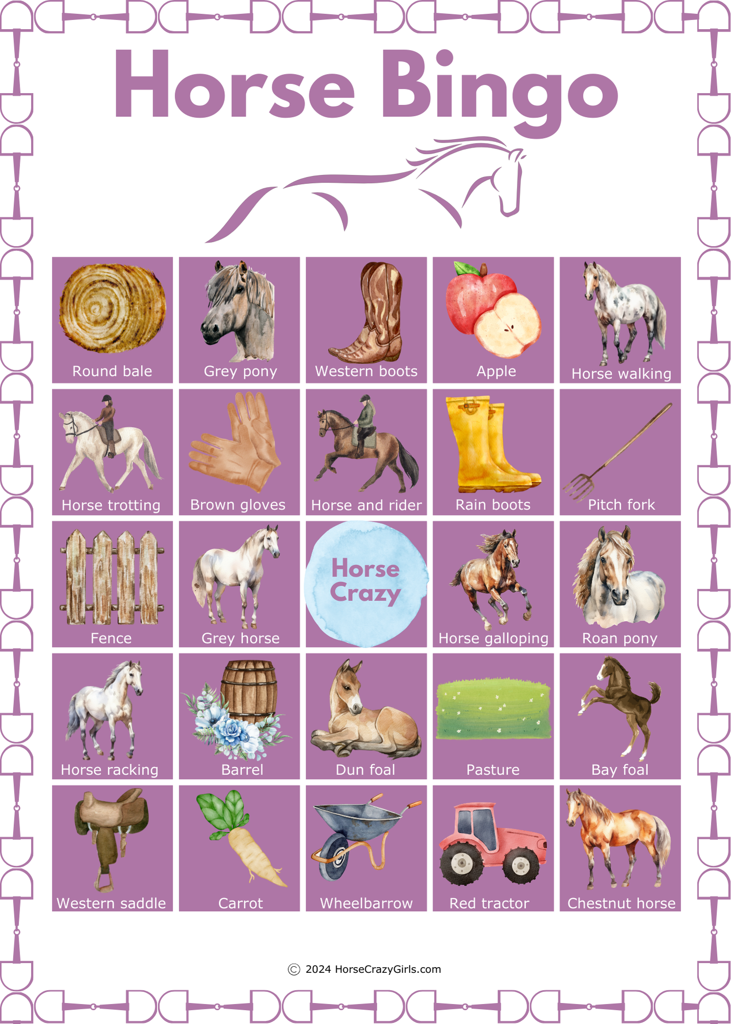 A picture of a horse themed bingo card