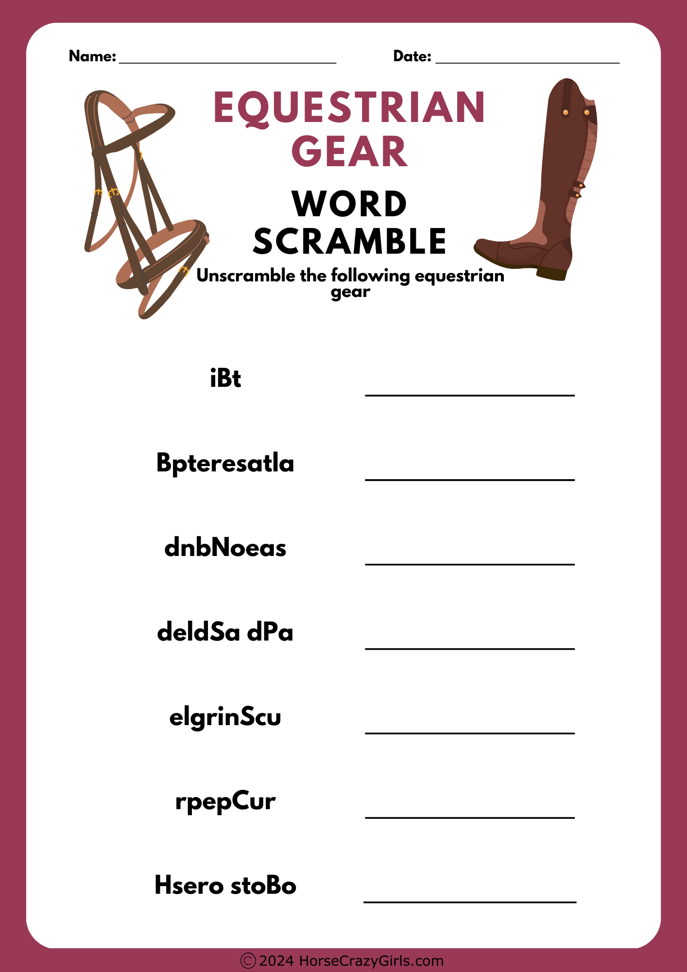 An Equestrian Gear wordsearch with 7 different words to unscramble.