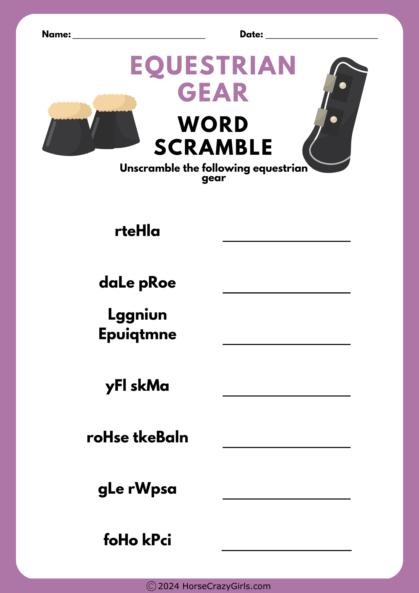 A horse themed word scramble worksheet.