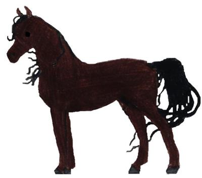 A drawing on a bay horse standing still.