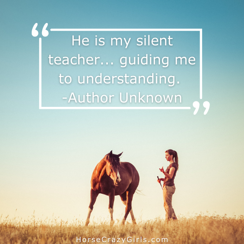 A picture of a girl and a horse in a field with the quote that says He is my silent teacher...guiding me to understanding.